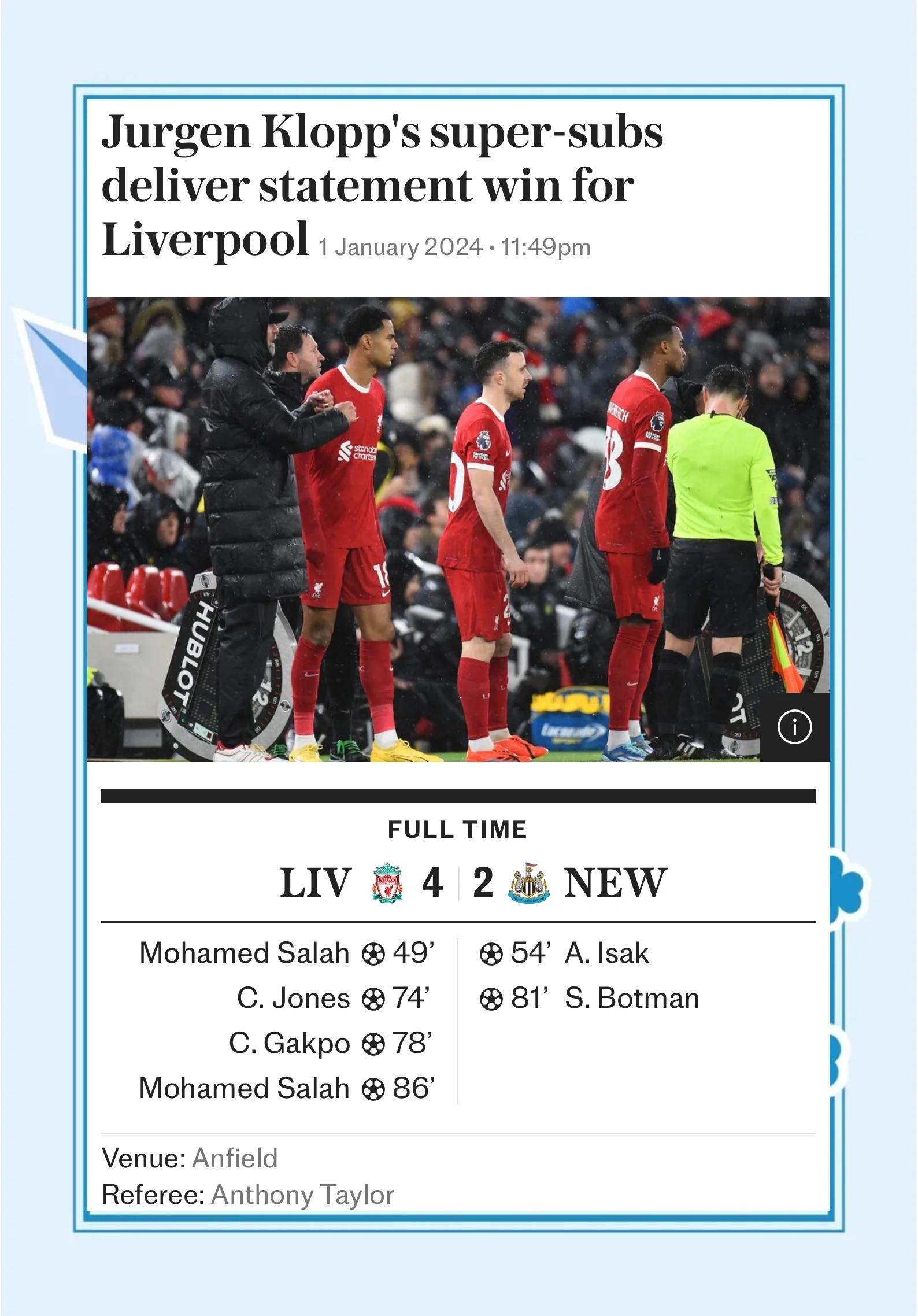 关于利物浦2-1战胜斯坦福桥，重返榜首的信息